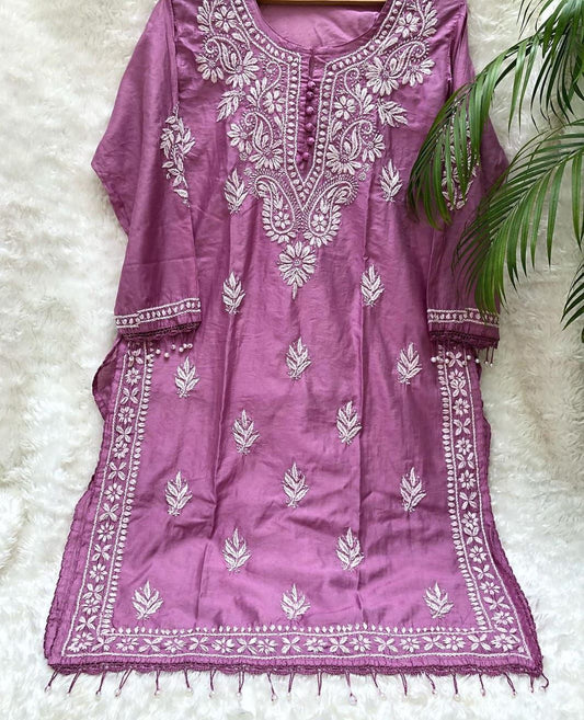 Purple Handcrafted Resham Kurashiya Kurti & Lycra Chikankari Pants Set