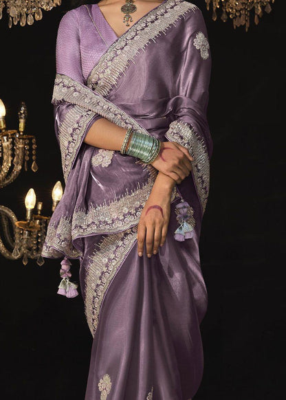 Lavender Shining Pure Crystal Silk Jimmy Choo Saree with Sequins & Zari