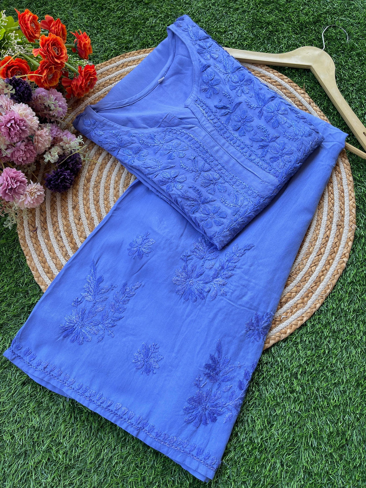 Blue PLUS SIZE PREMIUM Lucknow Chikankari Handcrafted Rayon Kurti & Palazzo Set