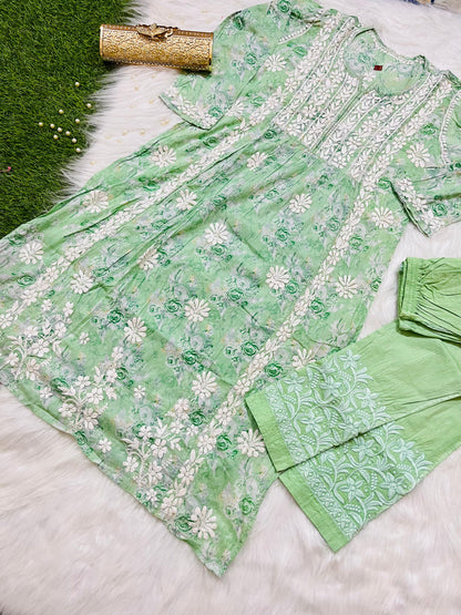 Green Naira Cut Chikankari Kurta and Pant Set