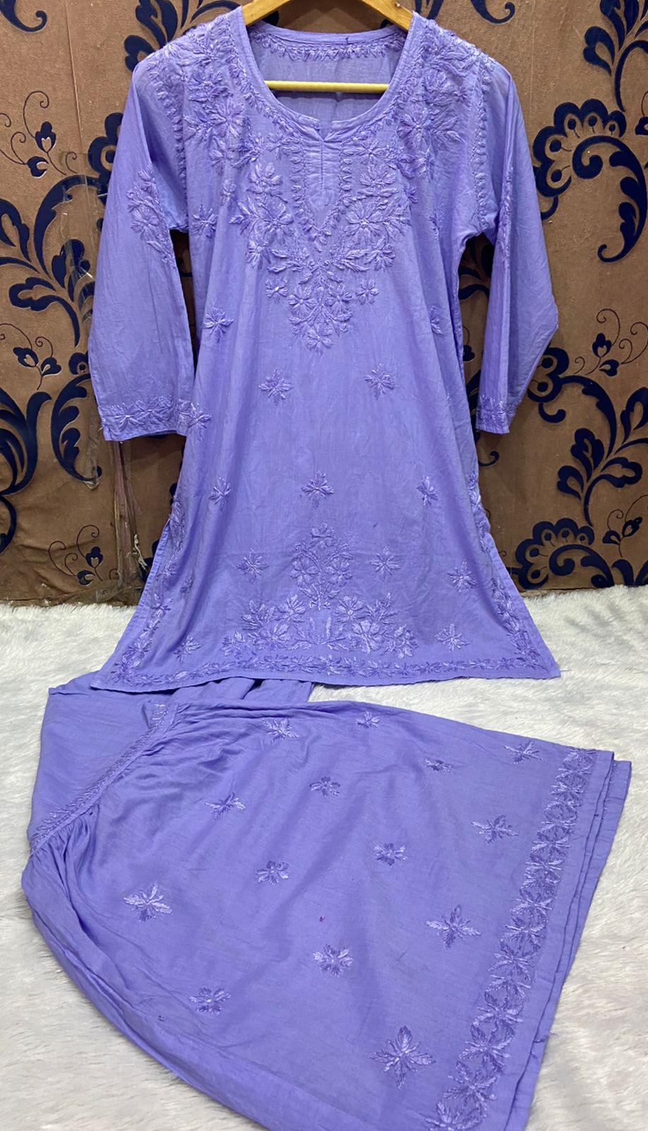 Lavendar Lucknow Chikan Handicraft Mul Cotton Kurti & Gharara Set