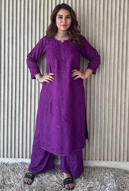 Dark Purple Lucknow Chikankari Rayon Kurta Palazzo Co-ord Set with Tone-to-Tone Hand Embroidery