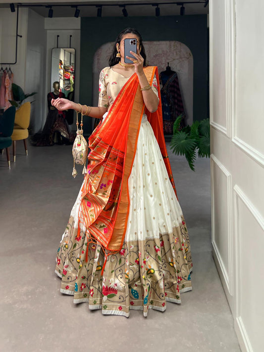 White Jacquard Silk Paithani Lehenga Choli – Embodying the Essence of Tradition