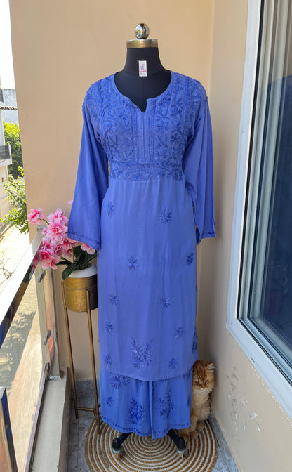 Blue PLUS SIZE PREMIUM Lucknow Chikankari Handcrafted Rayon Kurti & Palazzo Set