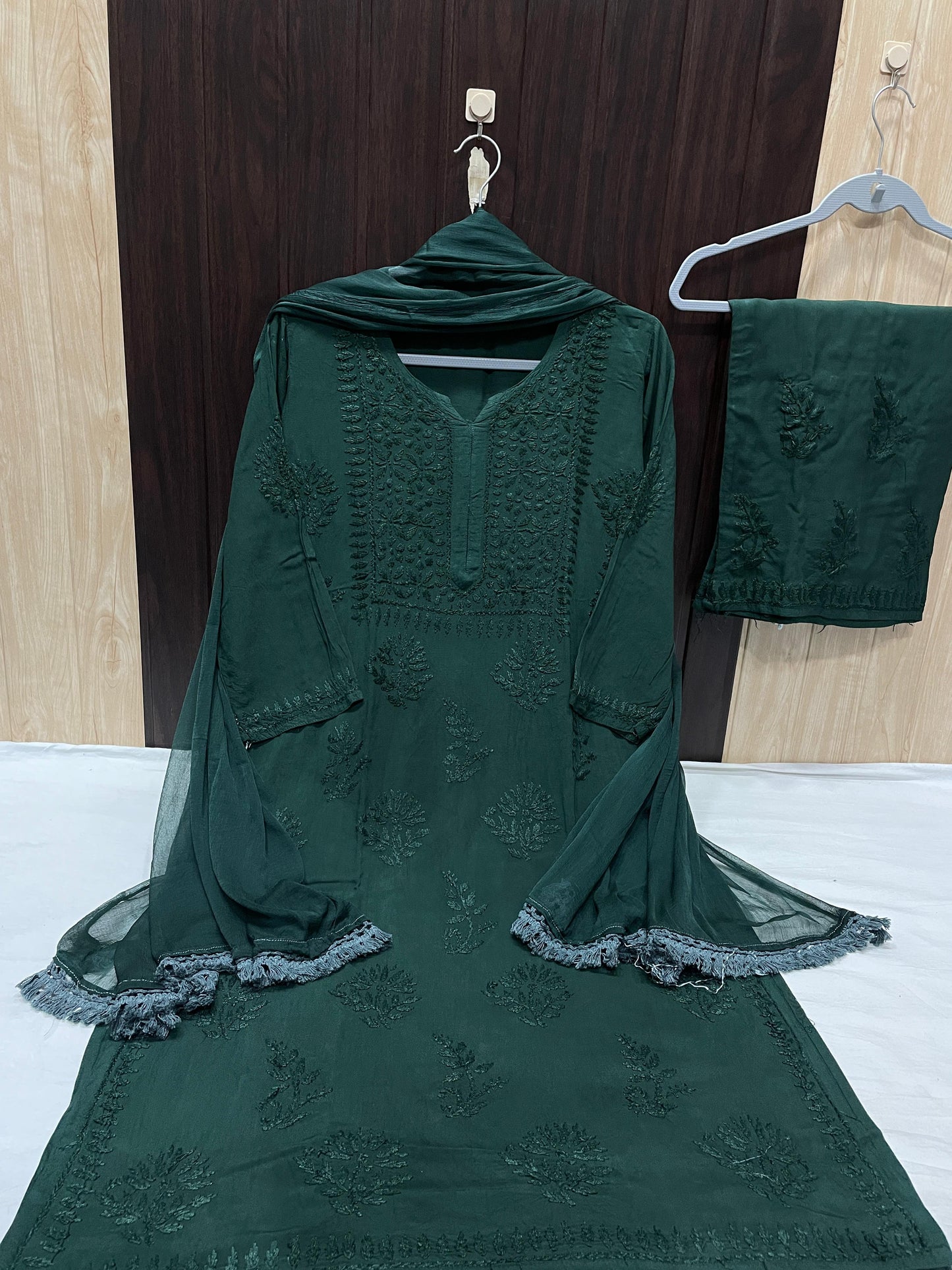 Dark Green Elegant Lucknow Chikankari Handcrafted 3-Piece Rayon Kurti, Pallazo, and Dupatta Set