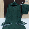 Dark Green Elegant Lucknow Chikankari Handcrafted 3-Piece Rayon Kurti, Pallazo, and Dupatta Set