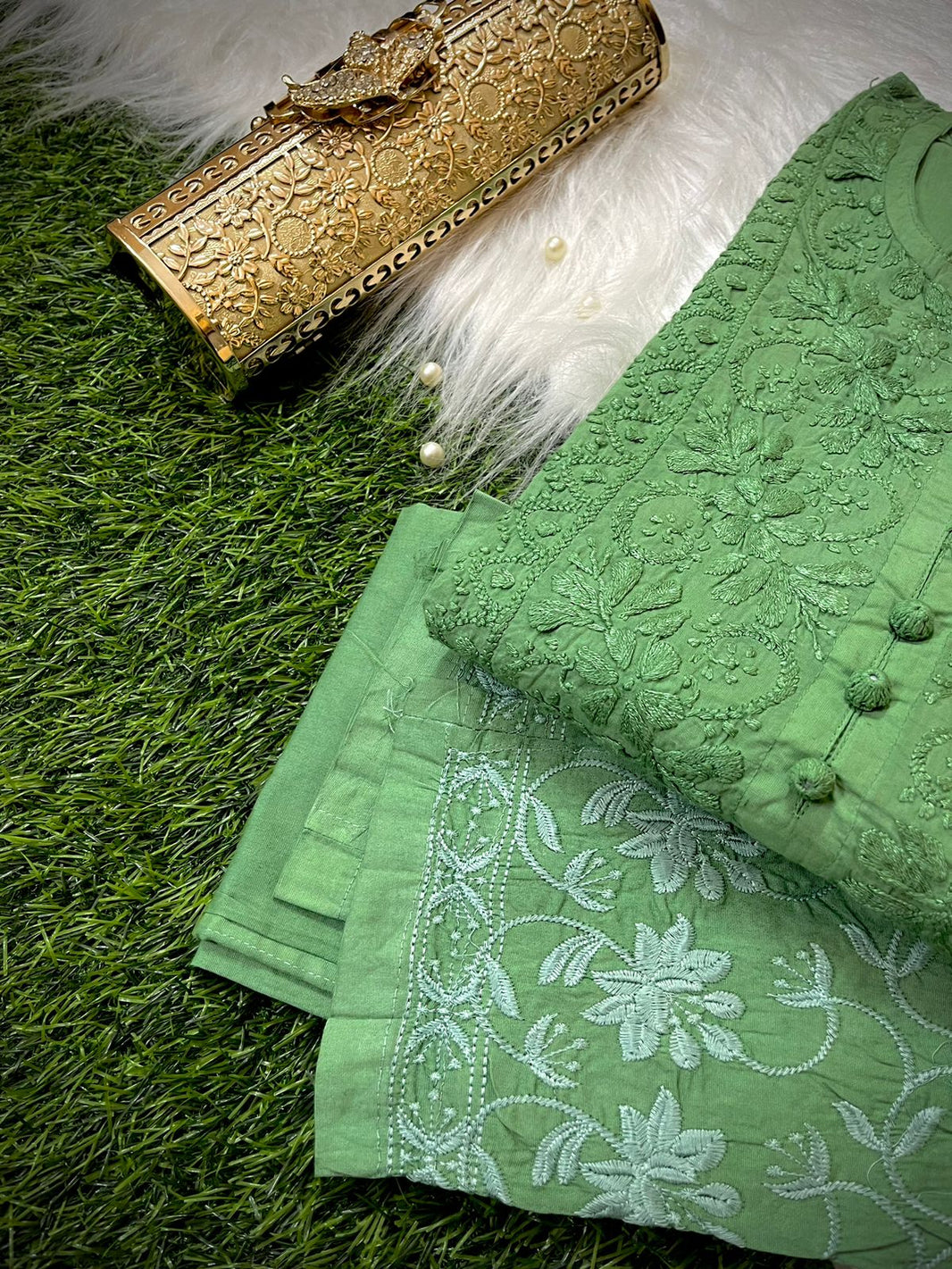 Mint Green Chikankari Hand Embroidered Cotton Long Kurta