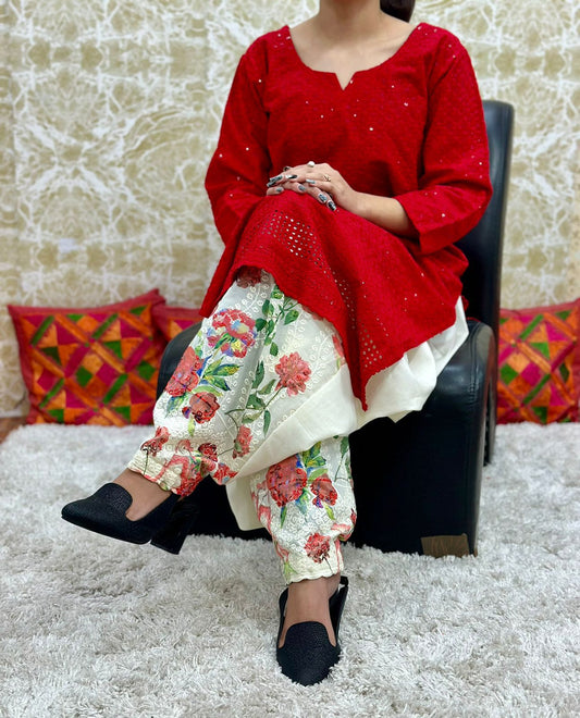 Red Chikan Kurti with Digital Patiala Salwar Set