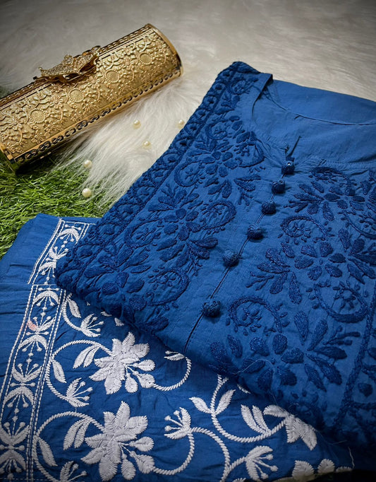 Royal Blue Cotton Chikankari Hand Work Kurta Pant Suits