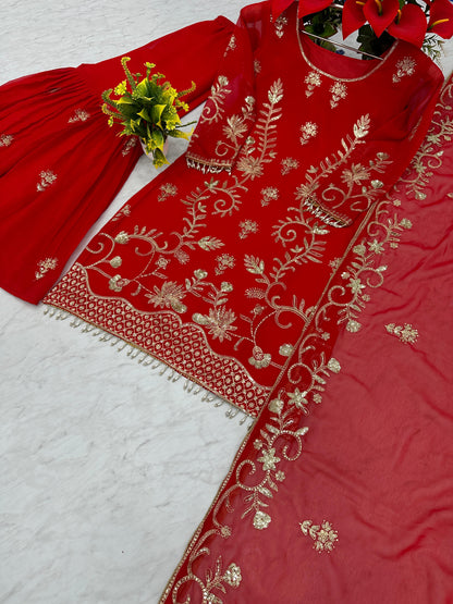 Red Pakistani Style Georgette Sharara Suit with Dupatta