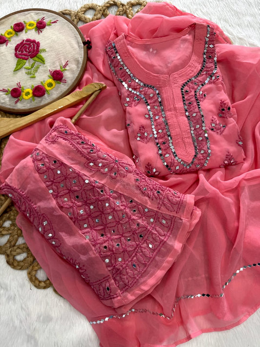 Dusty Pink Lucknow Chikankari Mirror Work 3-Piece Sharara Set