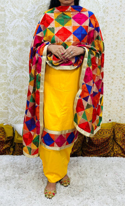 Yellow Phulkari Suit Set Zaam Cotton with Embroidered Chinon Dupatta