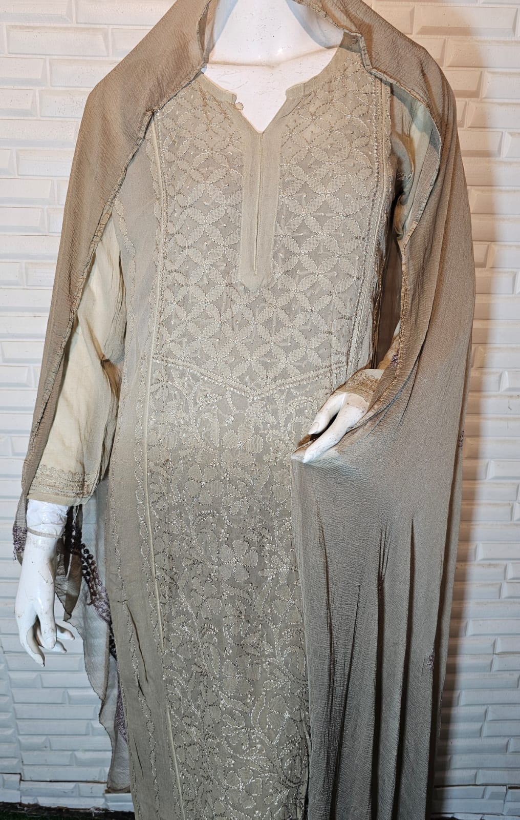 Beige Brown Chikankari Pure Viscose Kurti 4-Piece Set