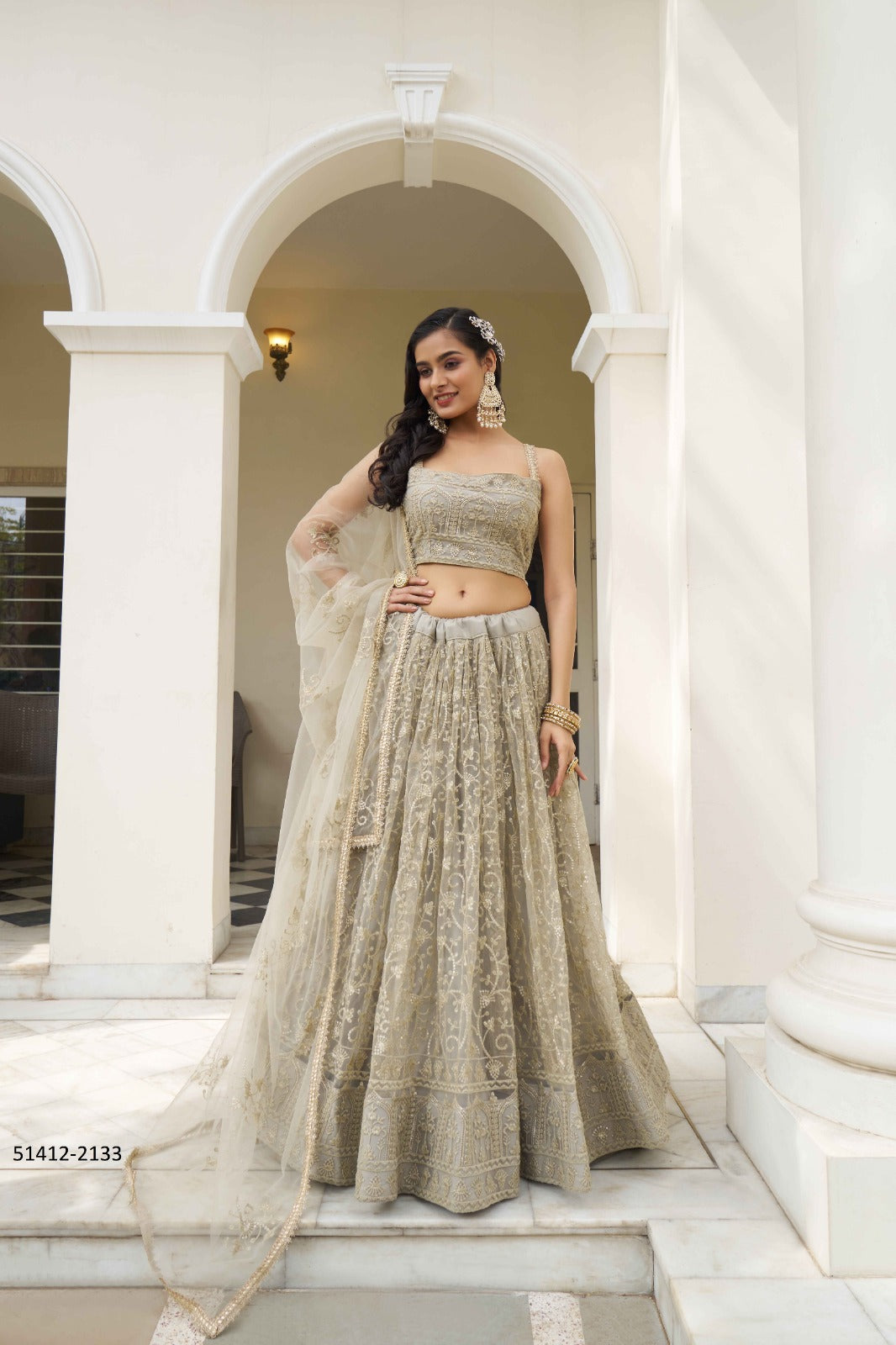 Ivory A-Line Net Bridesmaid Lehenga Choli with Resham and Sequins Work