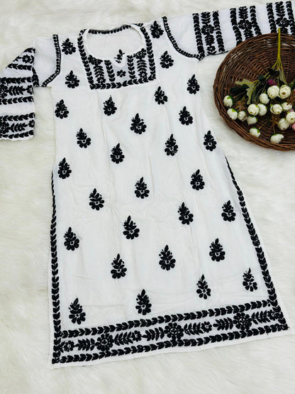 Premium White Lucknow Chikankari Kurti with Black Ghas Patti Embroidery & Stretchable Lycra Pants