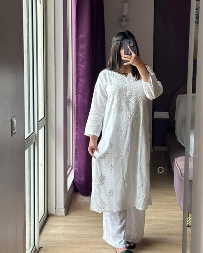 White Lucknowi Chikankari Dobby Cotton Dyed Kurta with Modal Palazzo