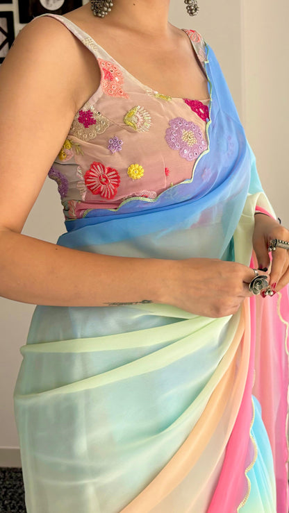 Blue Pink Party Wear Fancy Dual Shaded Georgette Saree