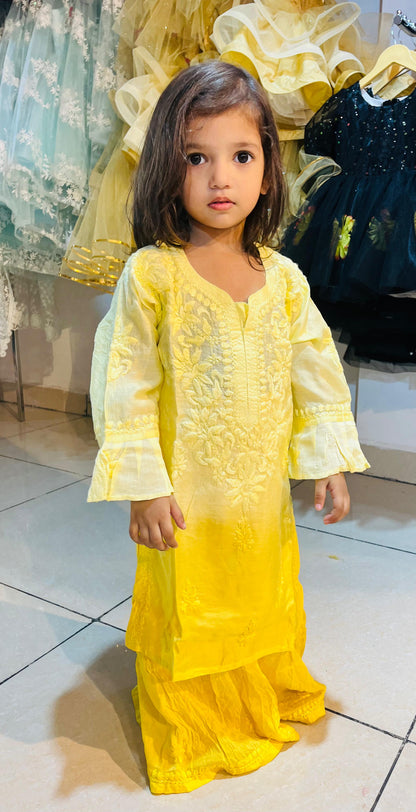 Multiple Colors Lucknow Chikankari Kurta and Gharara Set for Kids Chanderi Silk