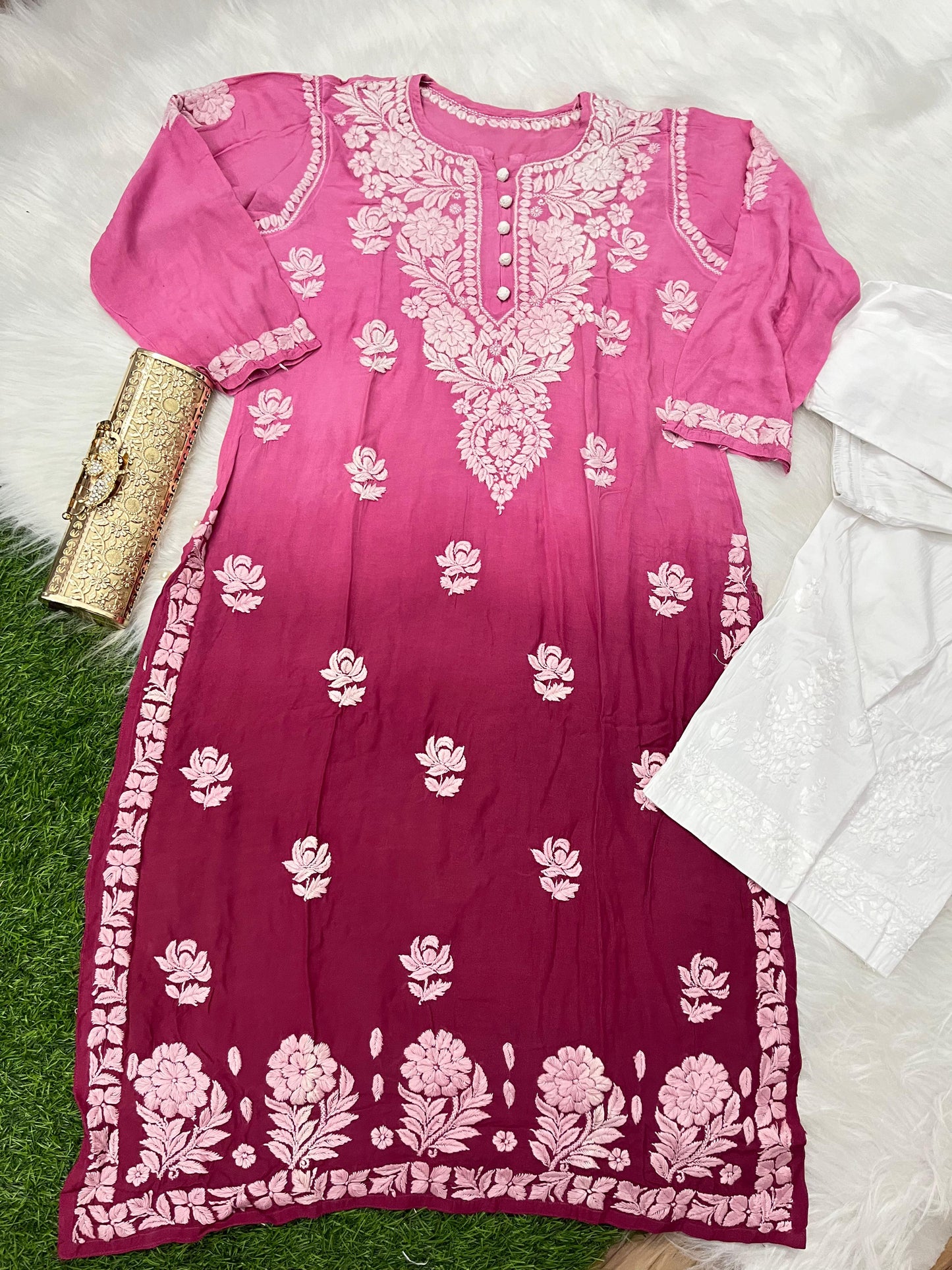 Pink Designer Muslin Kurti Quraishiya Button Lucknow Chikankari Pant Set