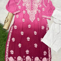Pink Designer Muslin Kurti Quraishiya Button Lucknow Chikankari Pant Set