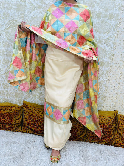 Beige Phulkari Suit Set Zaam Cotton with Embroidered Chinon Dupatta