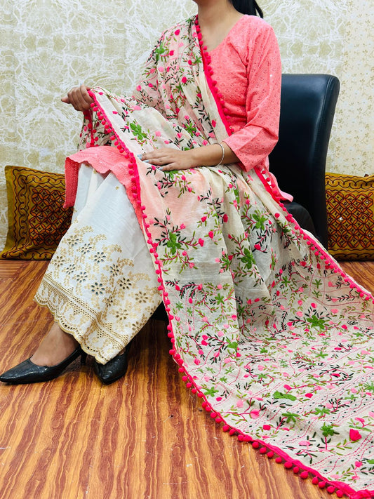 Pink Design 2 - Chikankari Kurti with Pom Pom Phulkari Dupatta and Zari Mastani Sharara Set