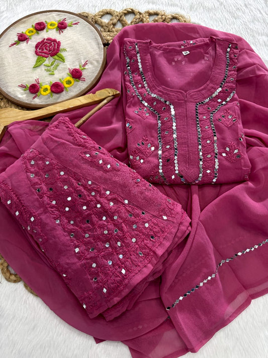 Rani Pink Lucknow Chikankari Mirror Work 3-Piece Sharara Set