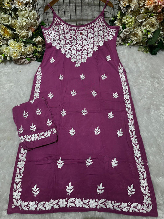 Wine Lucknow Chikankari Strappy Kurti and Pant Co-ord Set (Limited Stock)