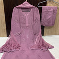 Dusty Pink Elegant Lucknow Chikankari Handcrafted 3-Piece Rayon Kurti, Pallazo, and Dupatta Set