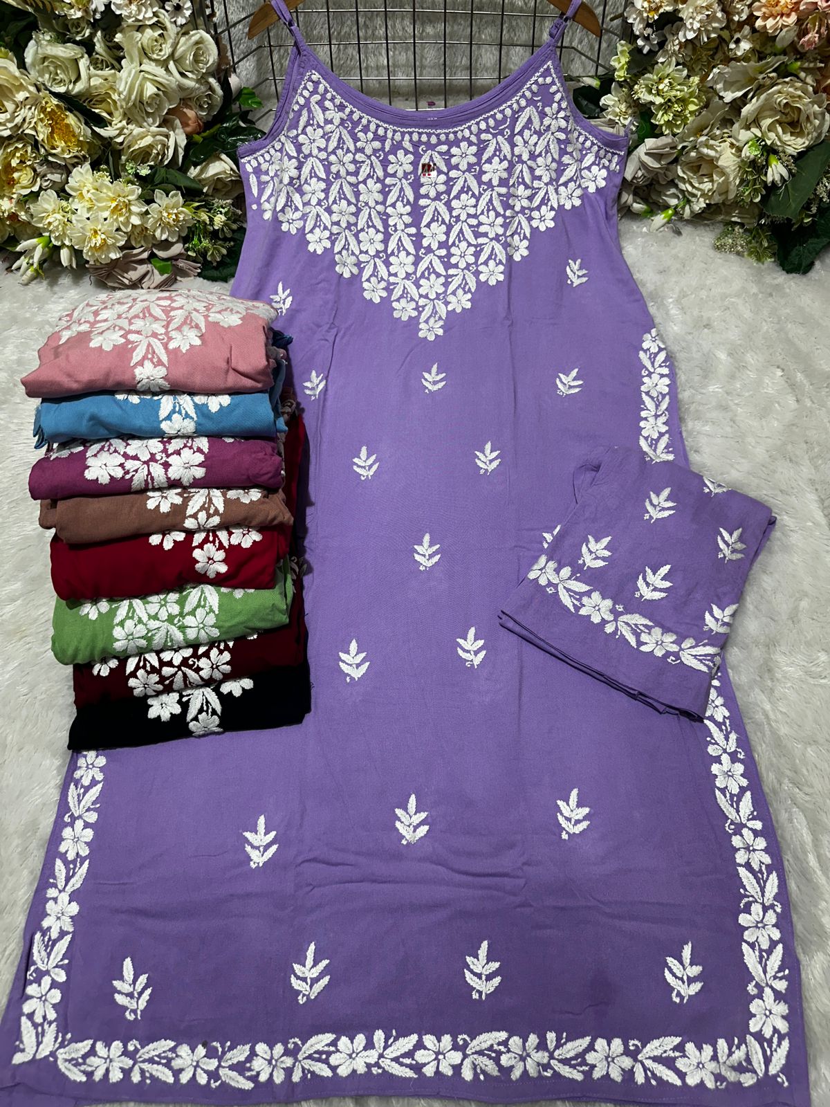 Lavendar Lucknow Chikankari Strappy Kurti and Pant Co-ord Set (Limited Stock)