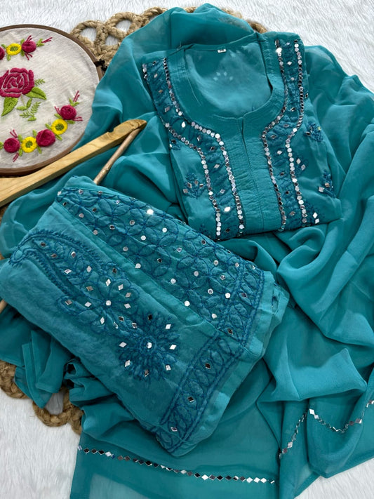 Teal Blue Lucknow Chikankari Mirror Work 3-Piece Sharara Set