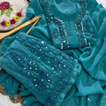 Teal Blue Lucknow Chikankari Mirror Work 3-Piece Sharara Set