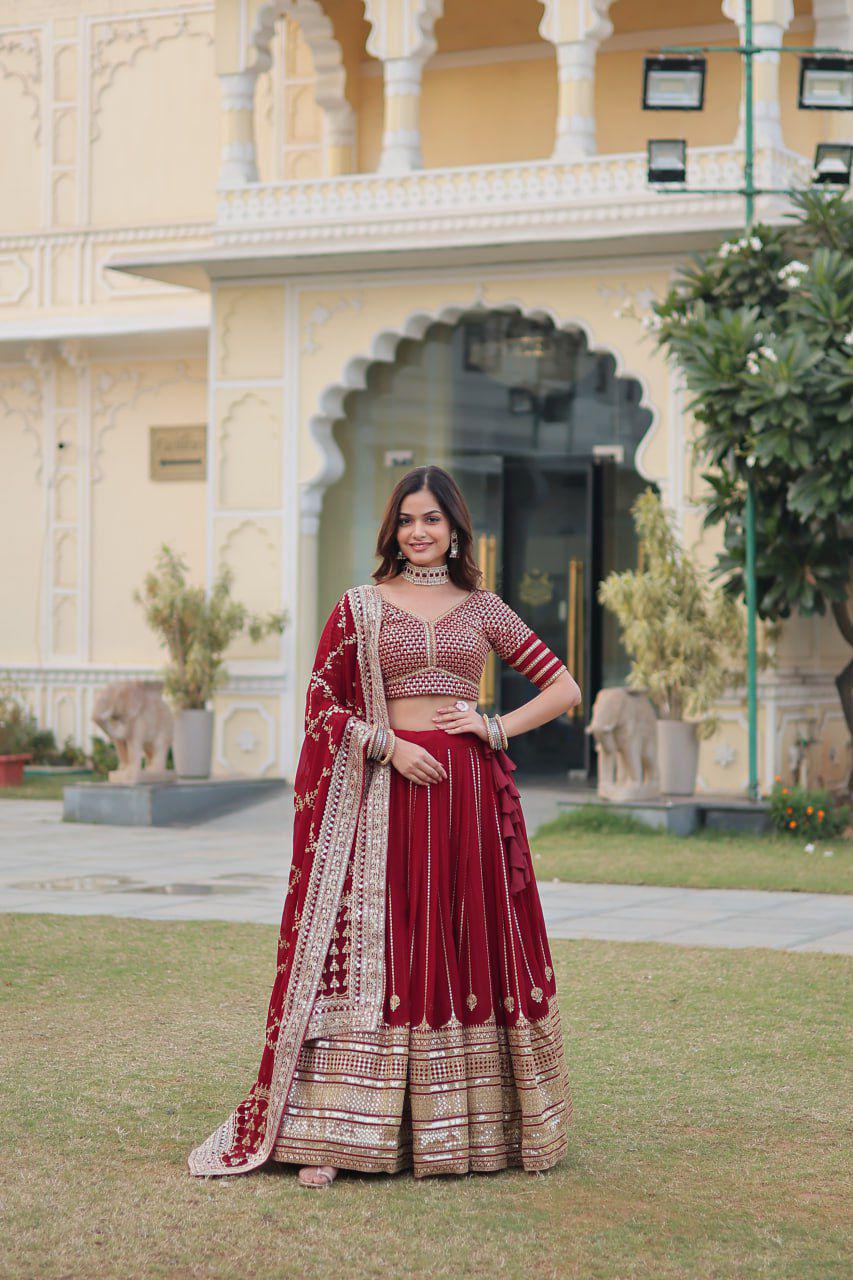 Red Opulent Zari Bloom Lehenga Choli Set for Bridesmaid, Wedding , Navratri