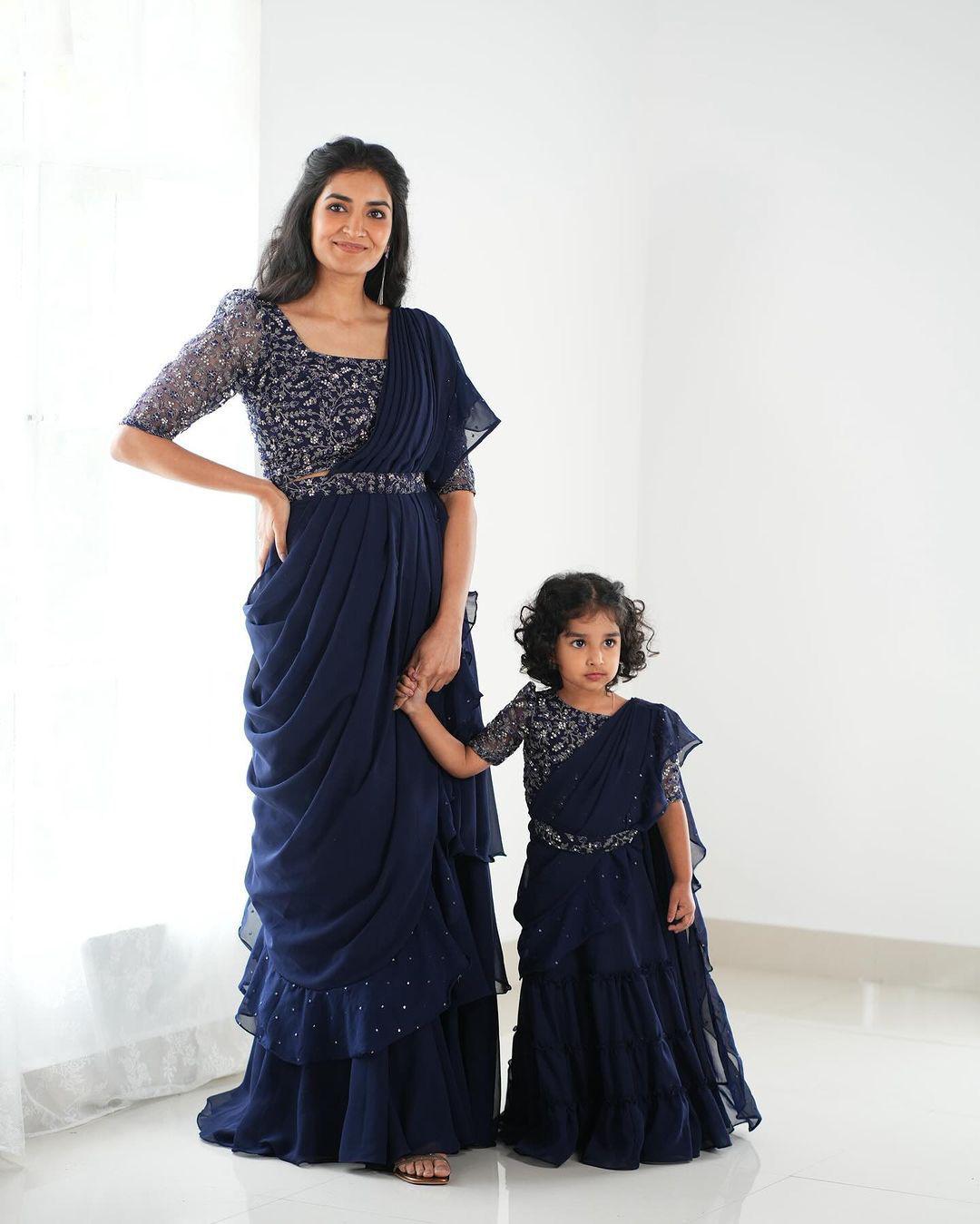 Mother-Daughter Designer Party Wear Lehenga Saree Combo in Navy and Wine