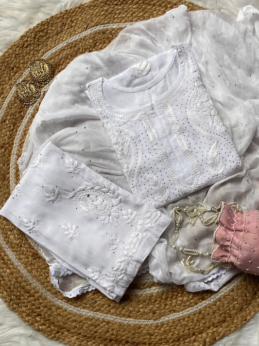 White Mukaish Work Lucknow Chikankari Kurta Set with Palazzo & Dupatta