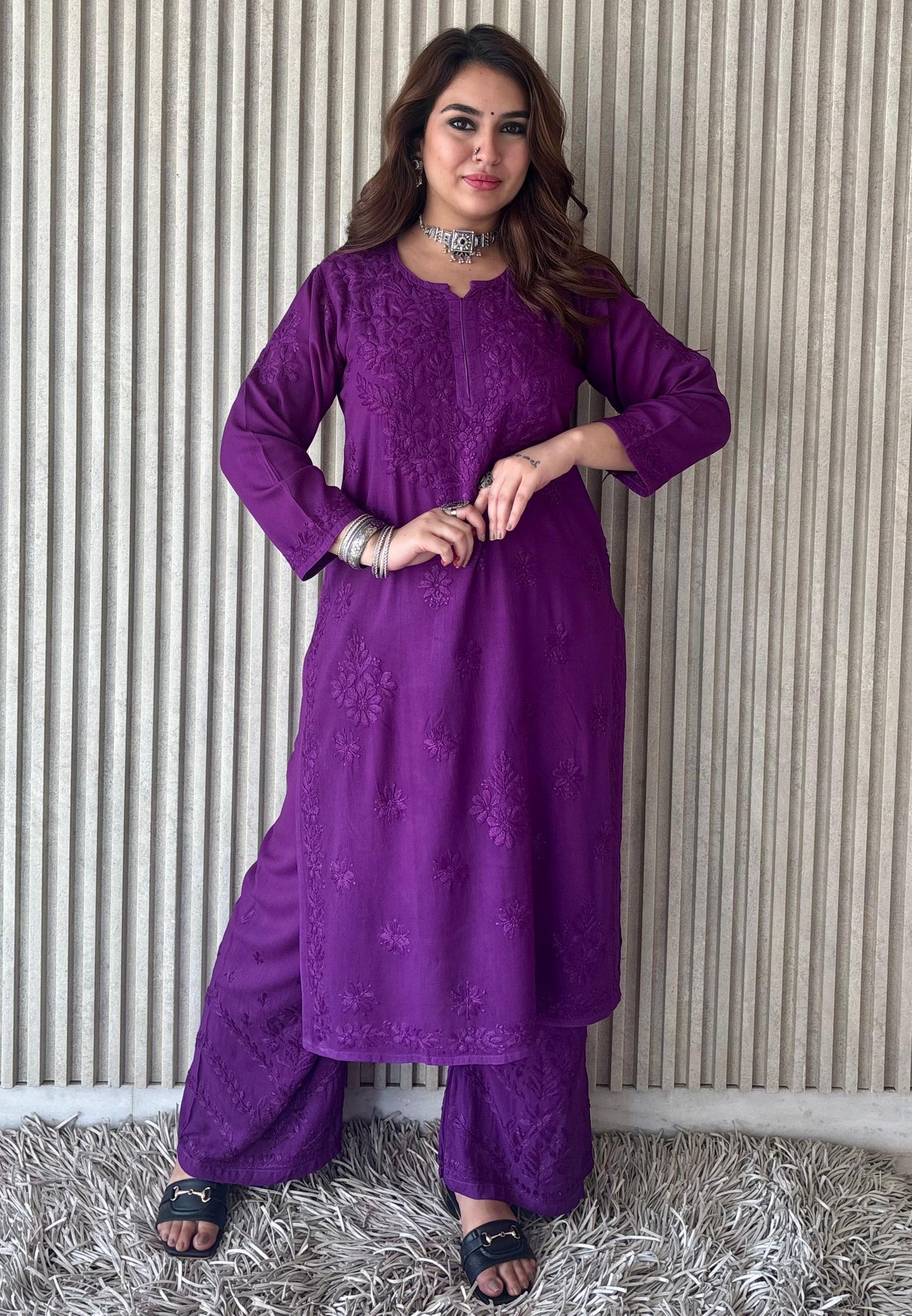 Dark Purple Lucknow Chikankari Rayon Kurta Palazzo Co-ord Set with Tone-to-Tone Hand Embroidery