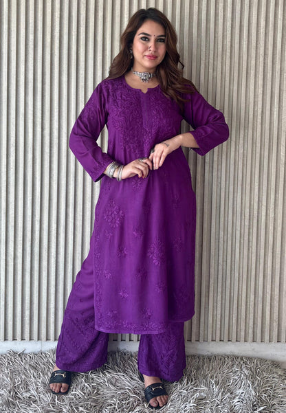 Dark Purple Lucknow Chikankari Rayon Kurta Palazzo Co-ord Set with Tone-to-Tone Hand Embroidery