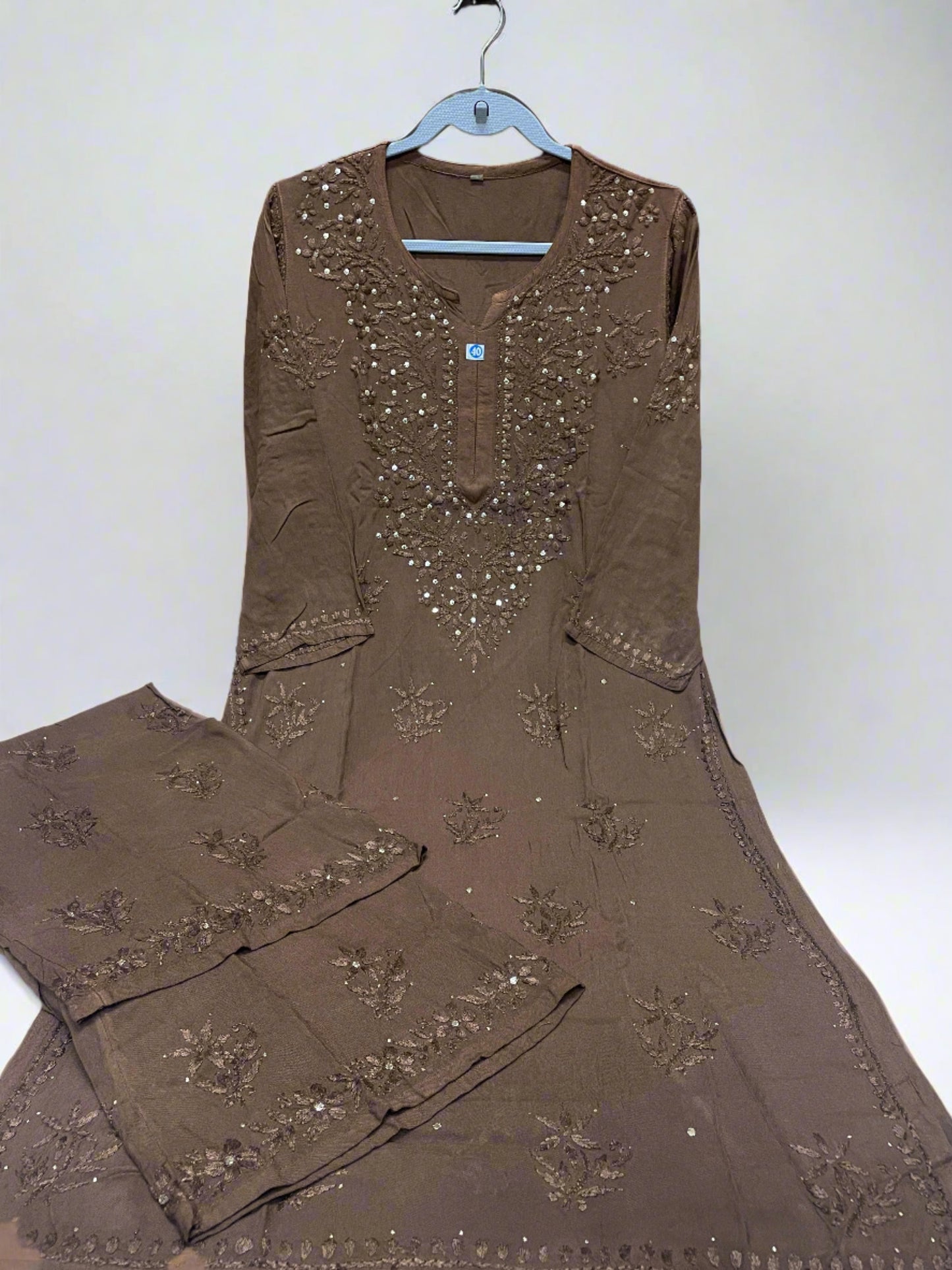 Brown Premium Rayon Lucknow Chikankari Kurti Palazzo Dyed Set with Mukesh Work