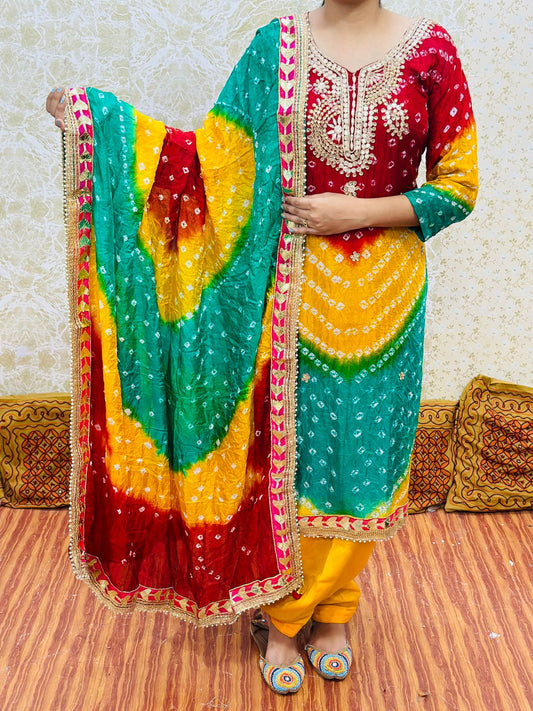 Green Multicolor Silk Bandhani Salwar Kameez with Dupatta