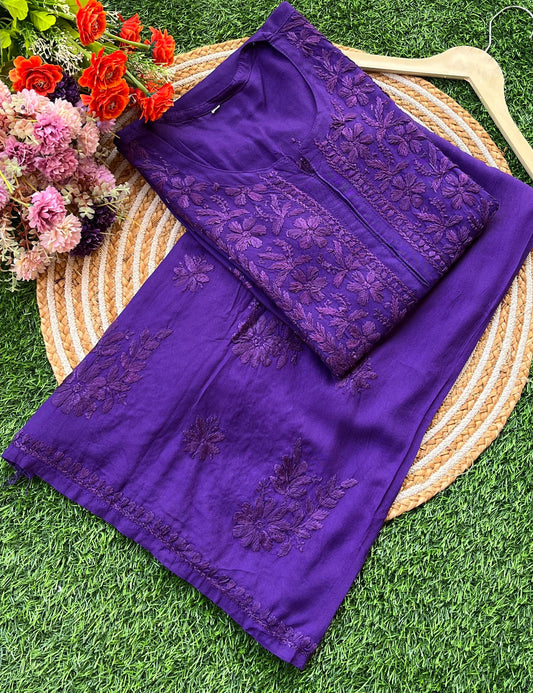 Purple PLUS SIZE PREMIUM Lucknow Chikankari Handcrafted Rayon Kurti & Palazzo Set