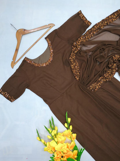 Brown Super Hit Georgette Embroidery Gown Saree