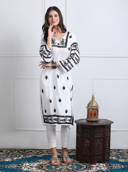 Premium White Lucknow Chikankari Kurti with Black Ghas Patti Embroidery & Stretchable Lycra Pants