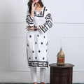 Premium White Lucknow Chikankari Kurti with Black Ghas Patti Embroidery & Stretchable Lycra Pants