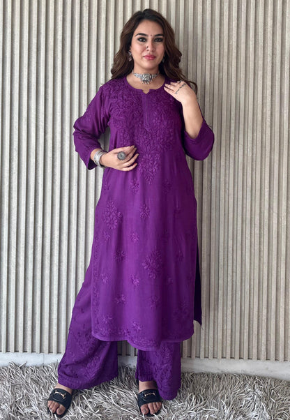 Dark Purple Lucknow Chikankari Rayon Kurta Palazzo Co-ord Set with Tone-to-Tone Hand Embroidery