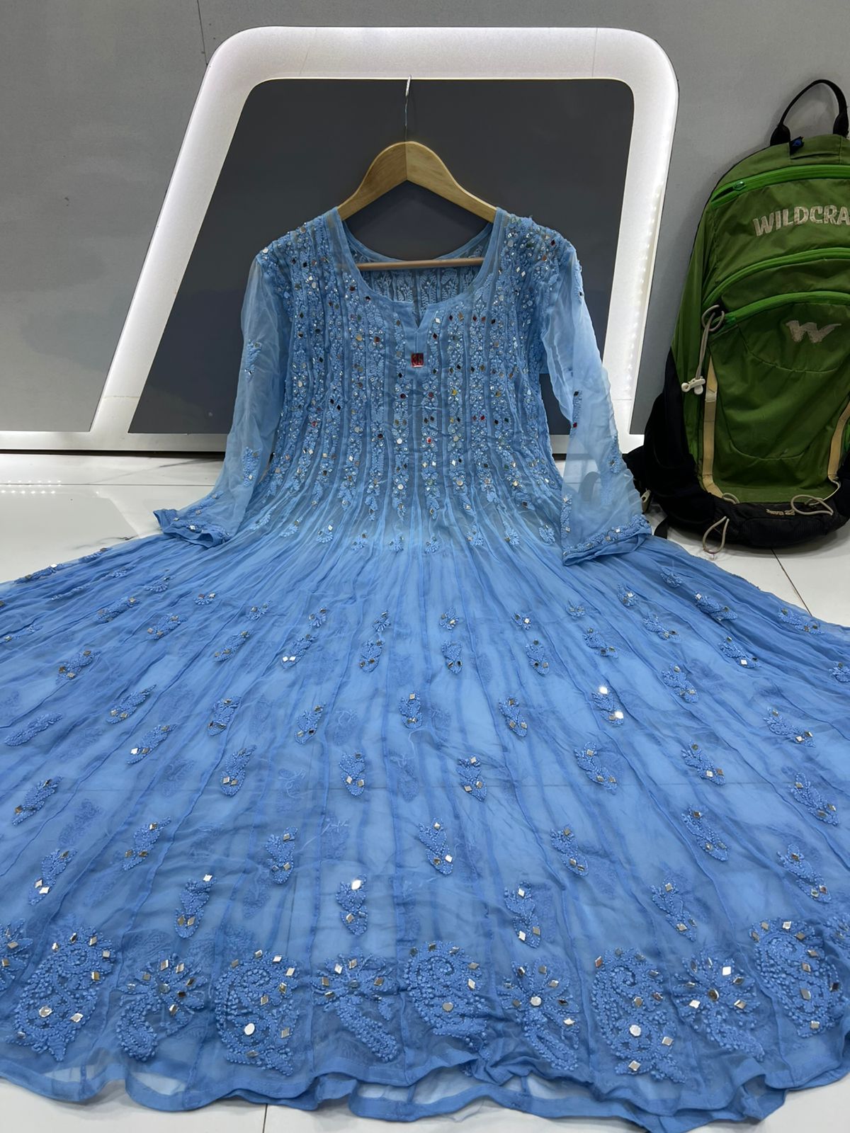 Blue 56 Kali Dye Mirror Lucknowi Chikankari Anarkali Kurta Up to 4XL