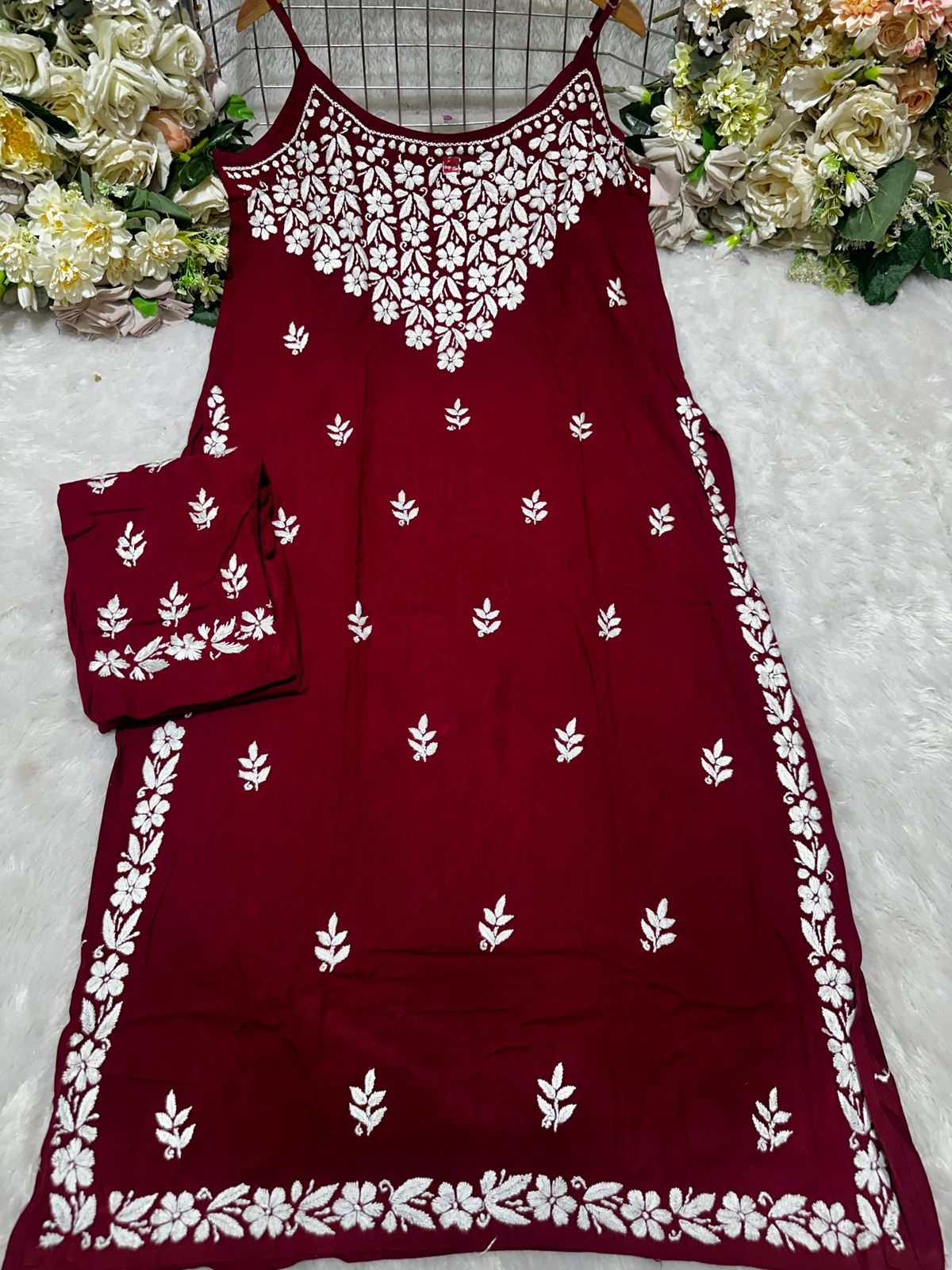 Maroon Lucknow Chikankari Strappy Kurti and Pant Co-ord Set (Limited Stock)