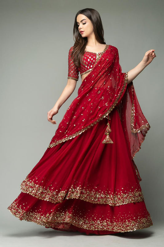 Red Ready-to-Wear Double Layer Lehenga Choli for Women