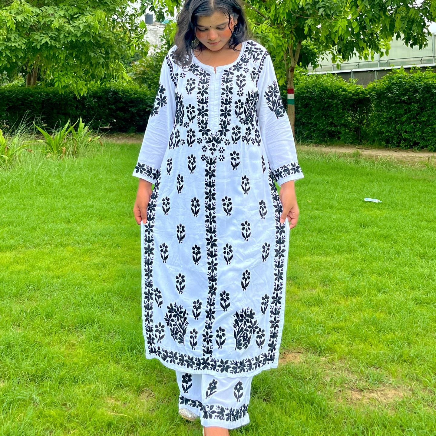 Black and White Lucknow Chikankari Handmade Long Kurti Palazzo Set