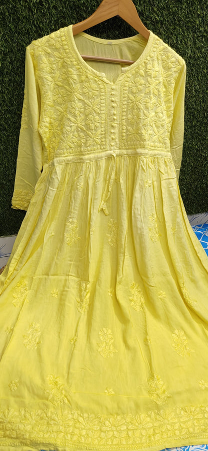 Yellow Fancy Chikankari Cotton Ombre Gown kurti and Pant Set