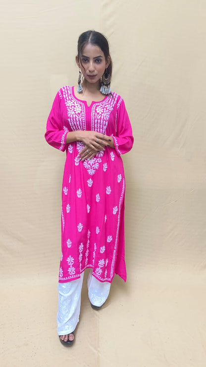 Pink Premium Lucknow Chikankari Rayon Kurti with Cotton Palazzo